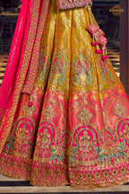 Pink And Yellow Banarasi Silk Lehenga WIth Hand Purse