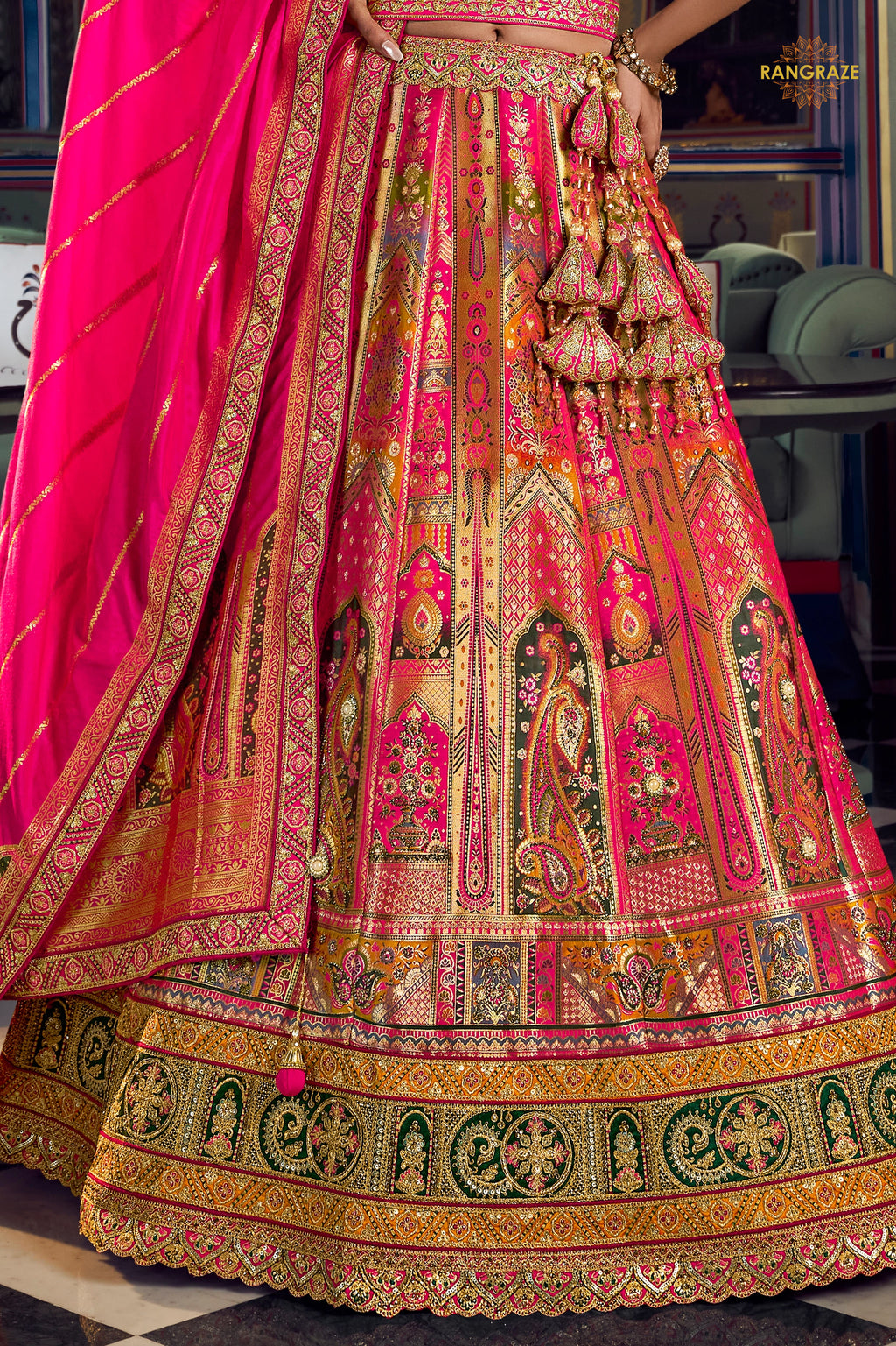 Multicolor Banarasi Silk Lehenga WIth Hand Purse