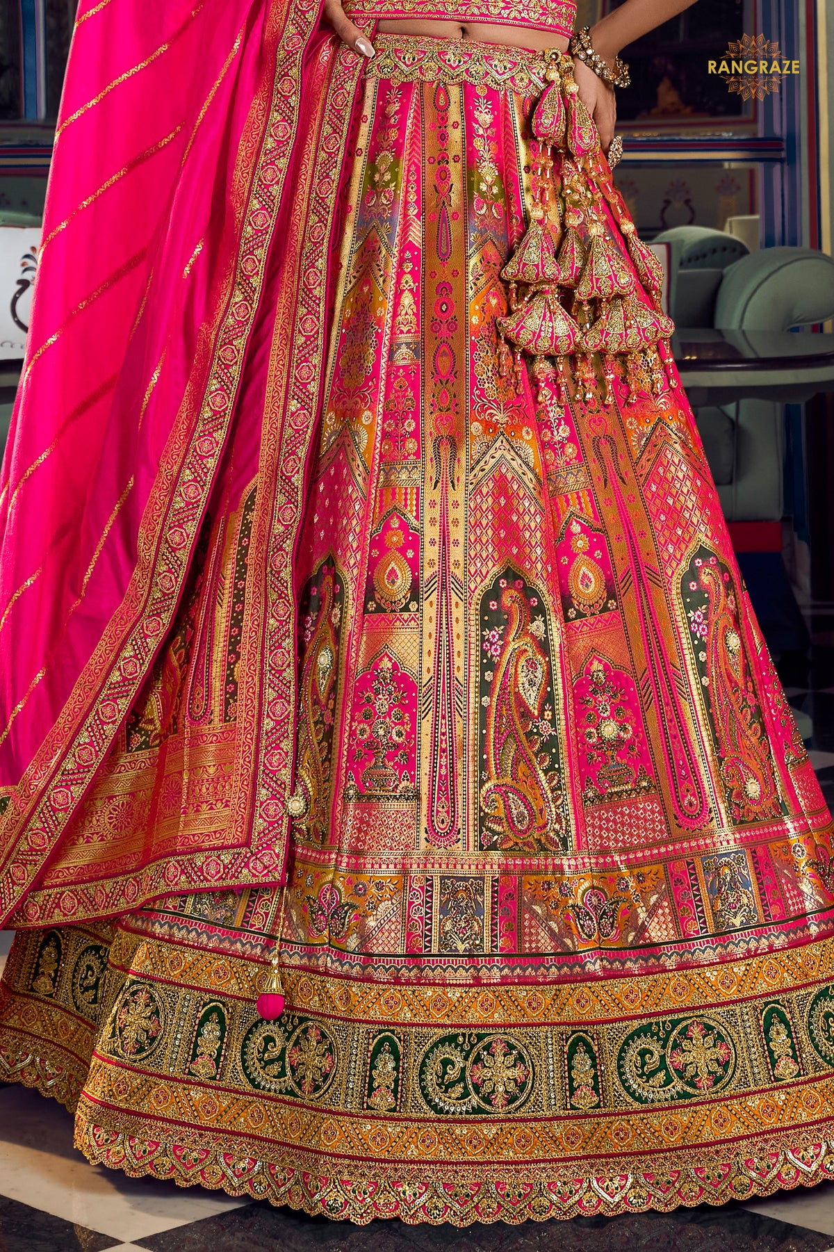 Multicolor Banarasi Silk Lehenga WIth Hand Purse