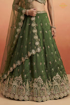 Green Embroidered Semi-Stitched Chinnon Lehenga Set
