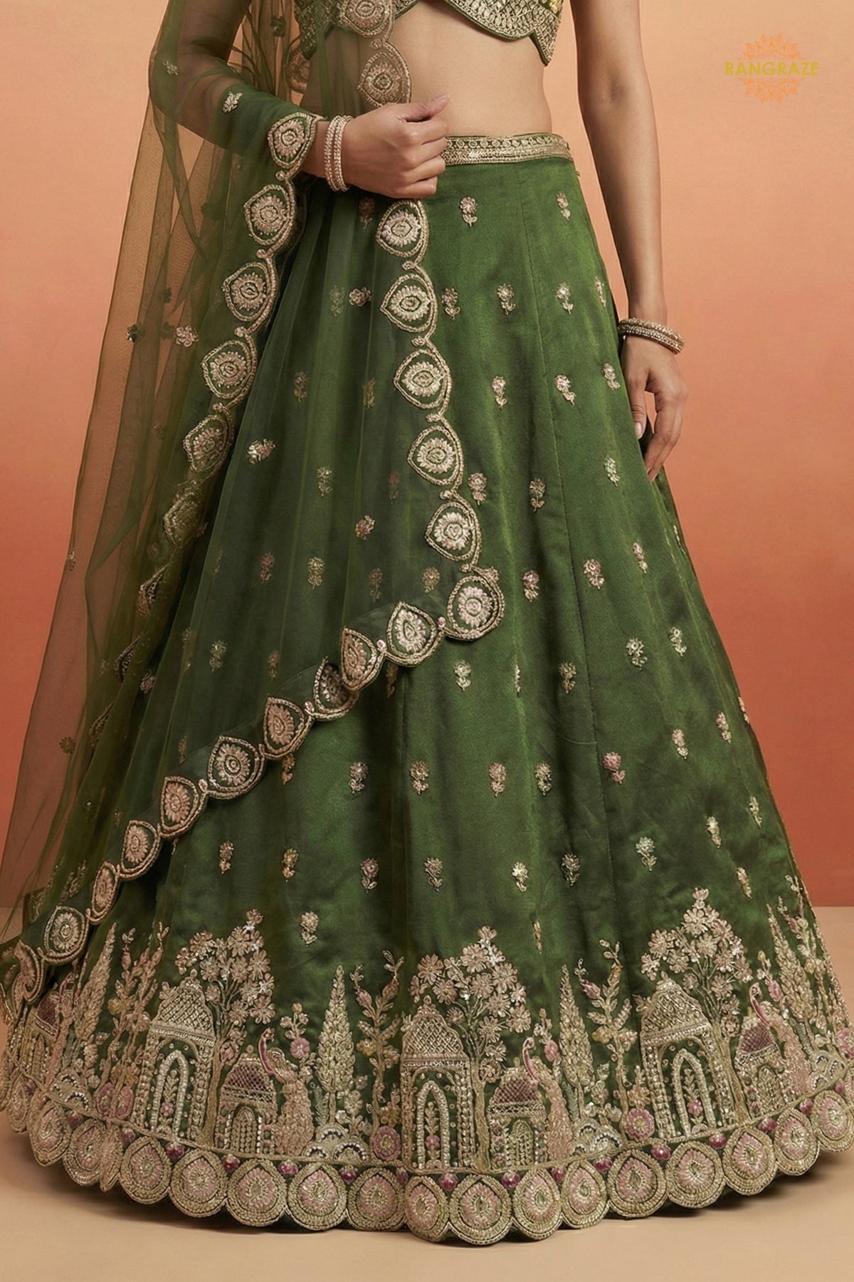 Green Embroidered Semi-Stitched Chinnon Lehenga Set