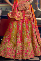 Pink And Green Banarasi Silk Lehenga WIth Hand Purse