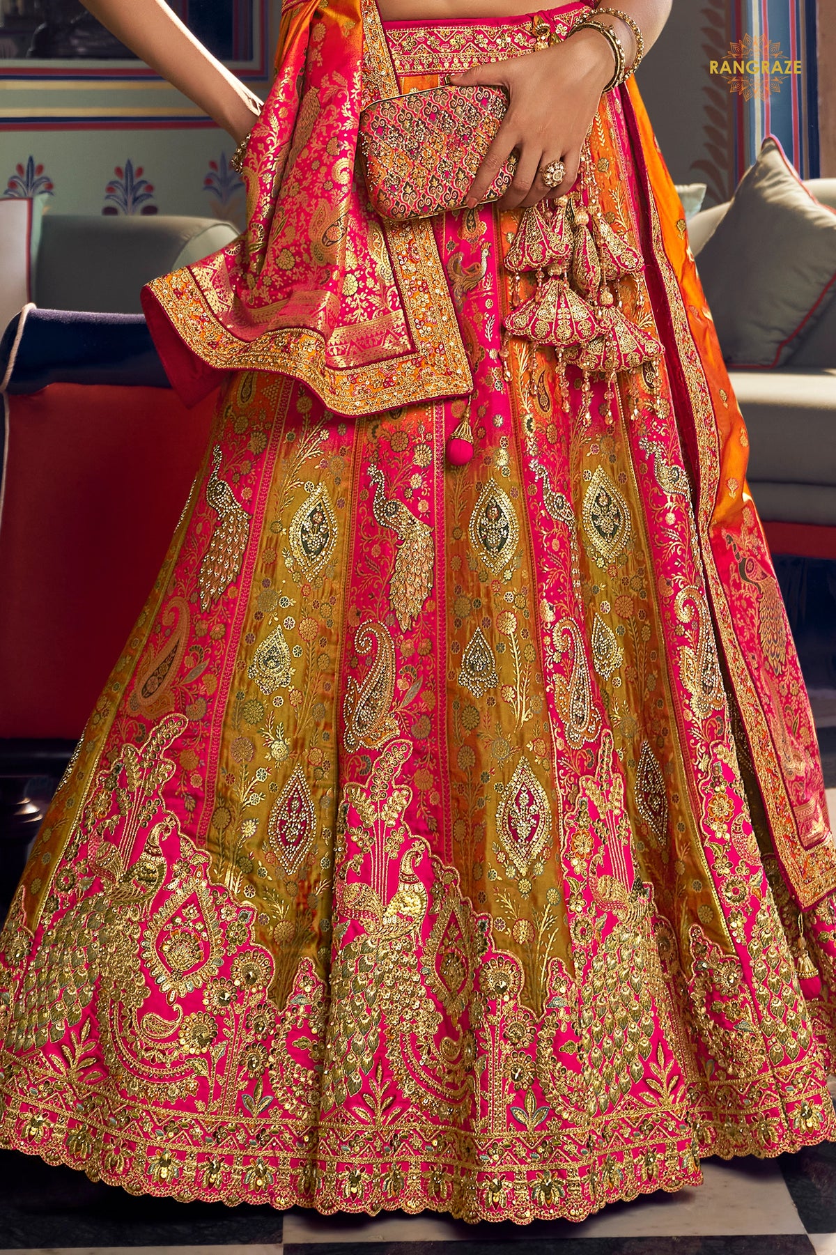 Pink And Green Banarasi Silk Lehenga WIth Hand Purse