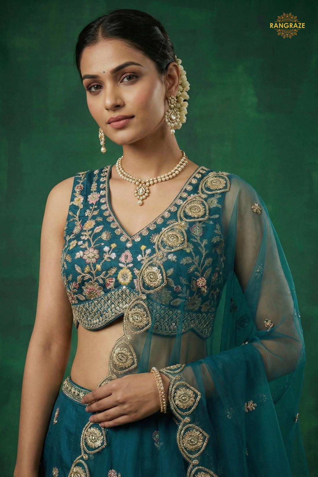 Teal Blue Embroidered Semi-Stitched Chinnon Lehenga Set