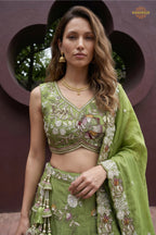 Olive Green Embroidered Semi-Stitched Tissue Lehenga Set