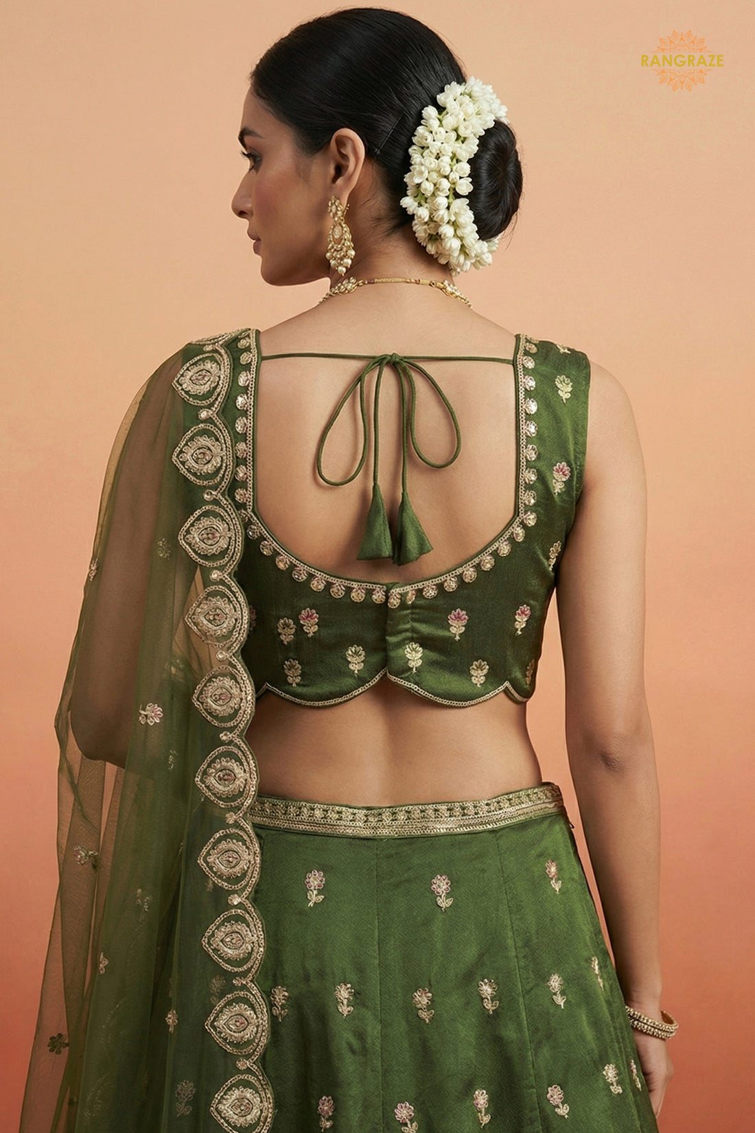 Green Embroidered Semi-Stitched Chinnon Lehenga Set