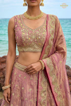 Dusty Pink Embroidered Semi-Stitched Tissue Lehenga Set