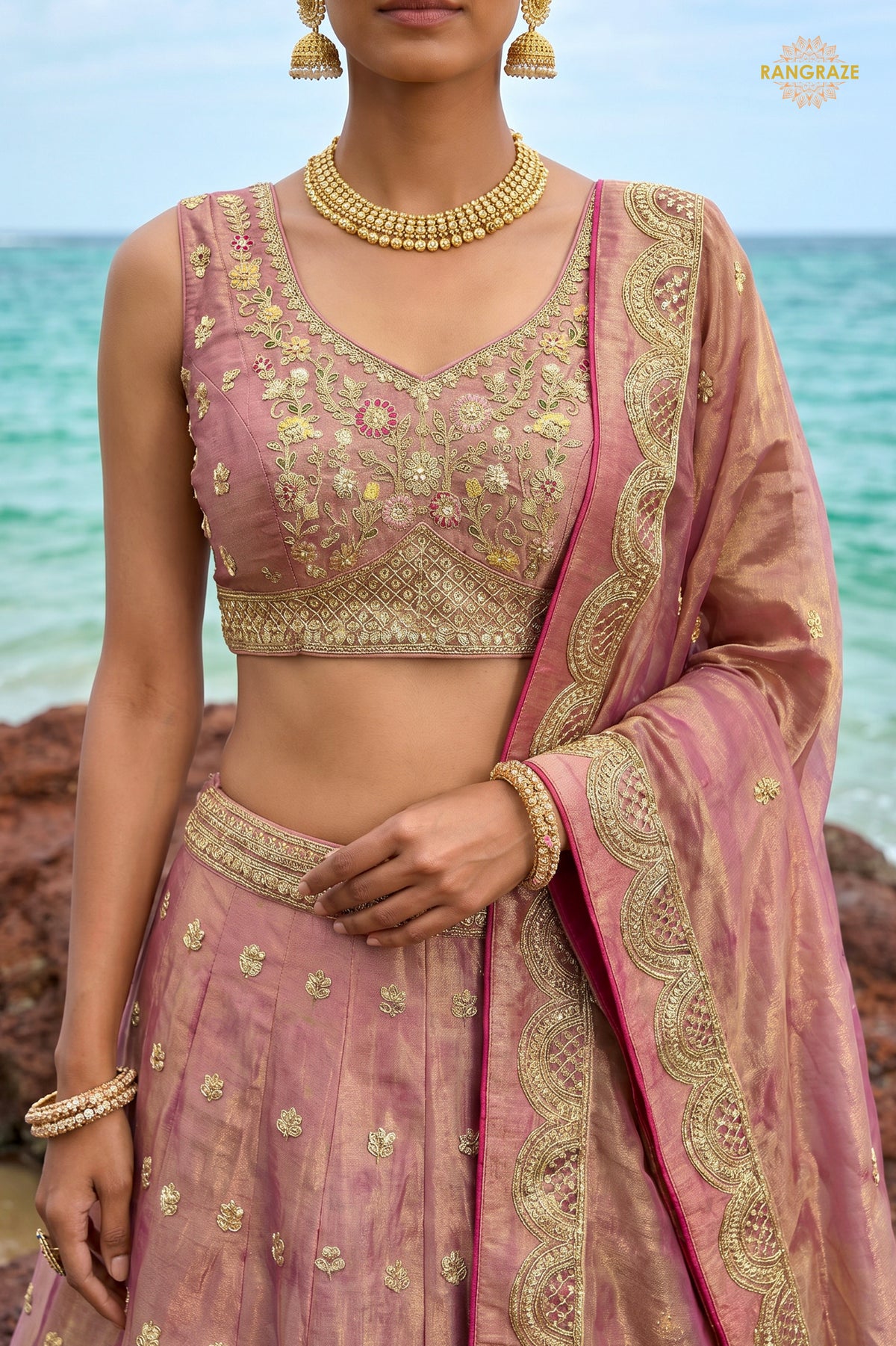 Dusty Pink Embroidered Semi-Stitched Tissue Lehenga Set
