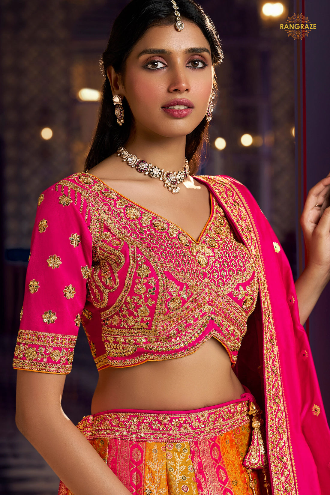 Pink And Yellow Banarasi Silk Lehenga WIth Hand Purse