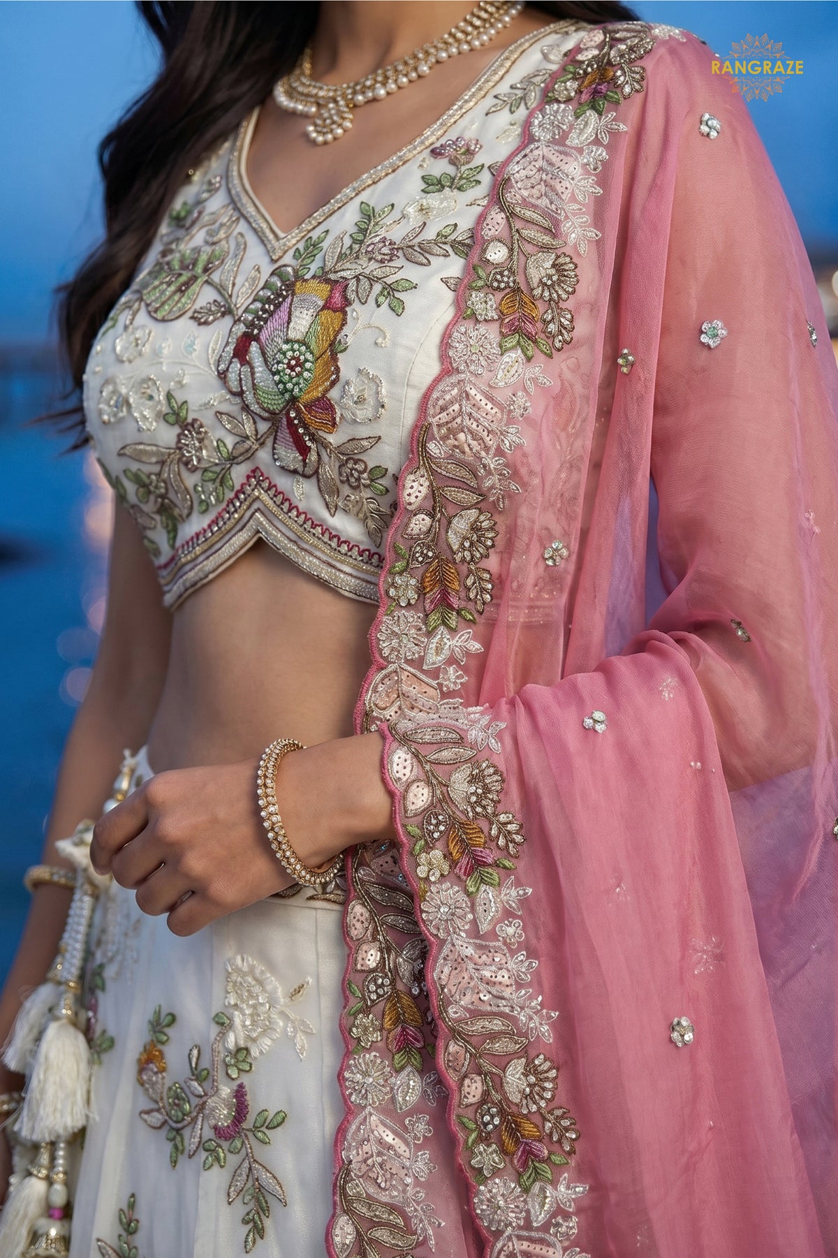 Cream Embroidered Semi-Stitched Tissue Lehenga Set