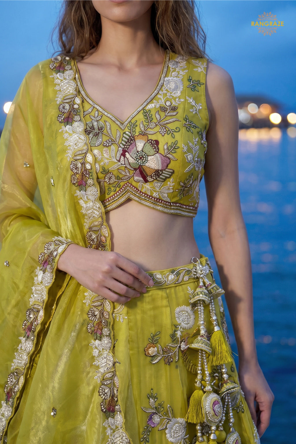 Lime Yellow Embroidered Semi-Stitched Tissue Lehenga Set