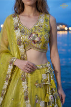 Lime Yellow Embroidered Semi-Stitched Tissue Lehenga Set