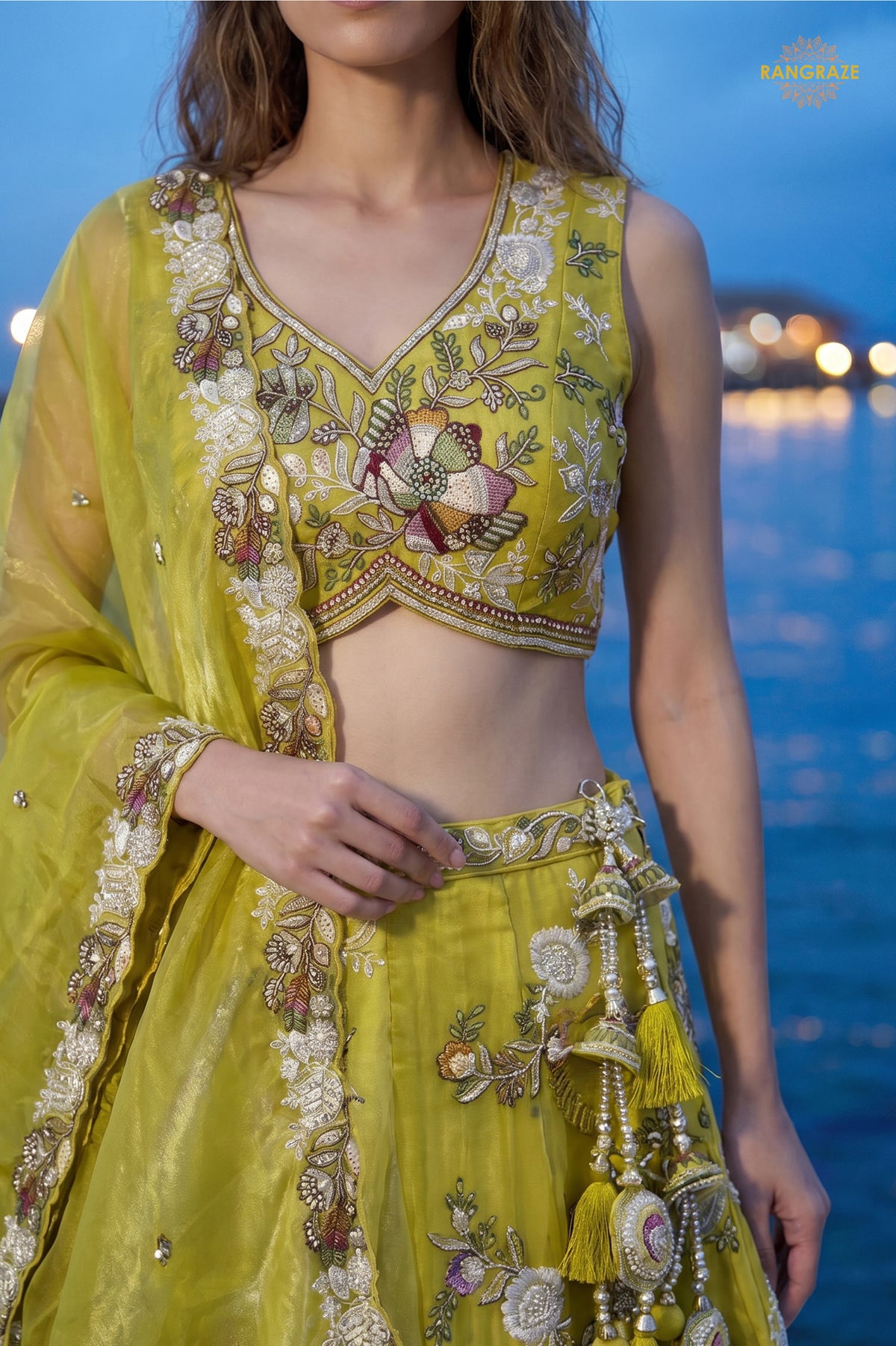 Lime Yellow Embroidered Semi-Stitched Tissue Lehenga Set