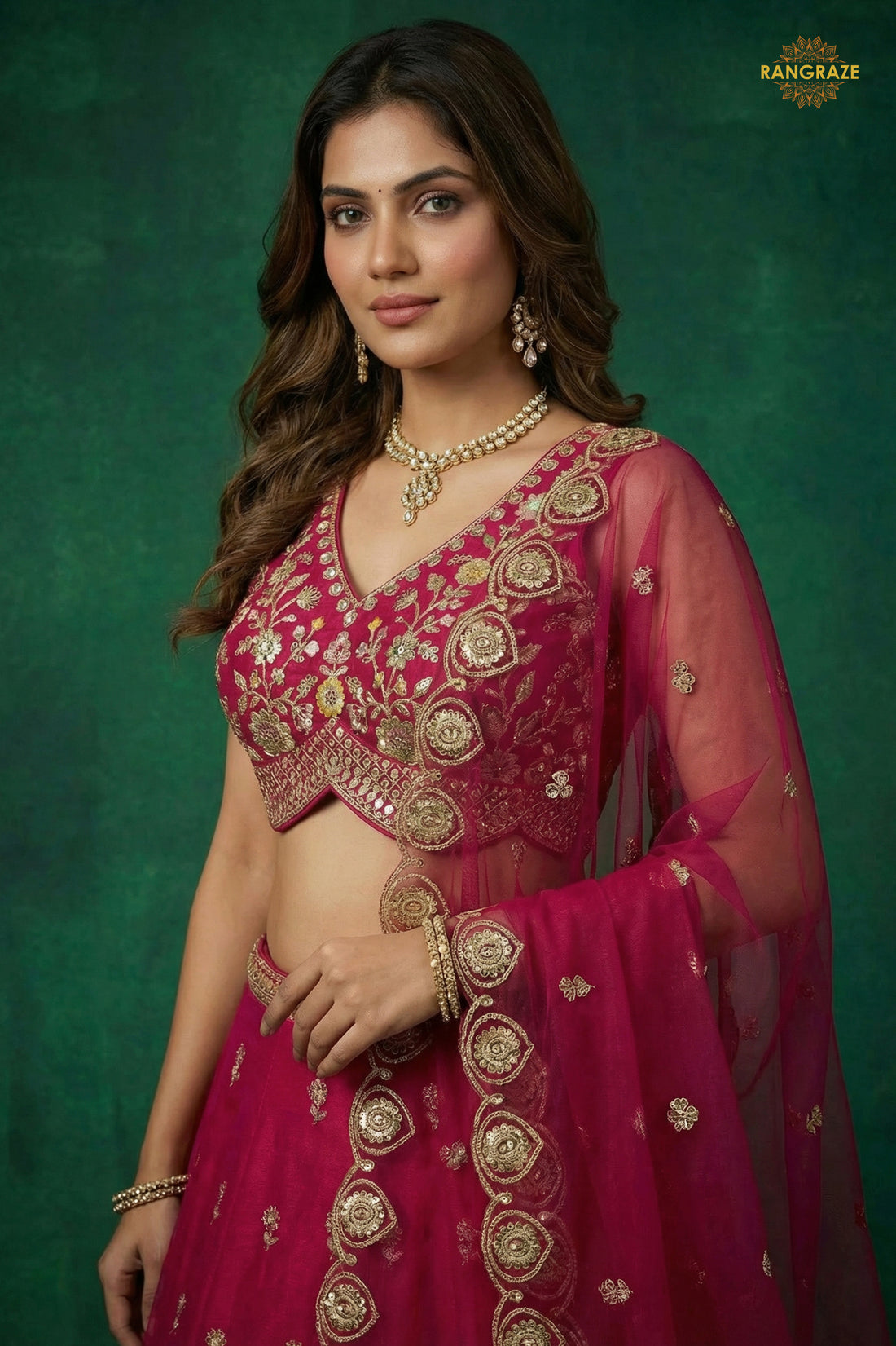 Pink Embroidered Semi-Stitched Chinnon Lehenga Set