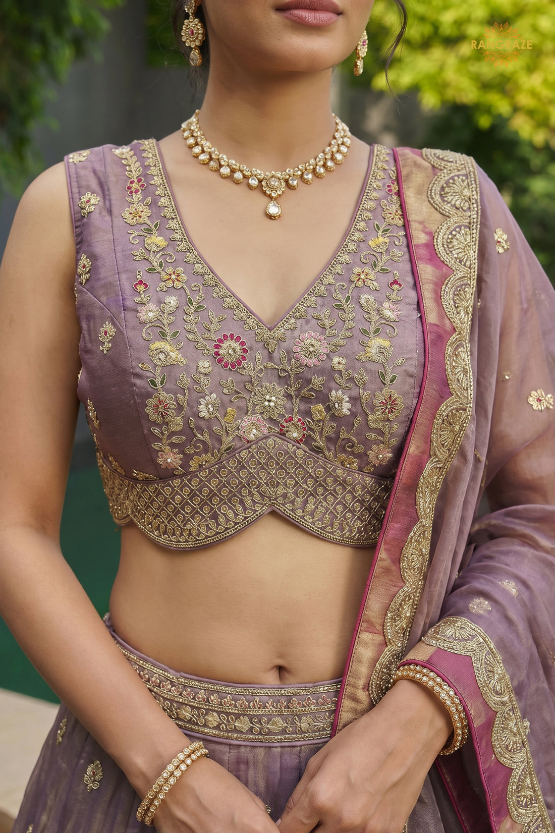Mauve Embroidered Semi-Stitched Tissue Lehenga Set