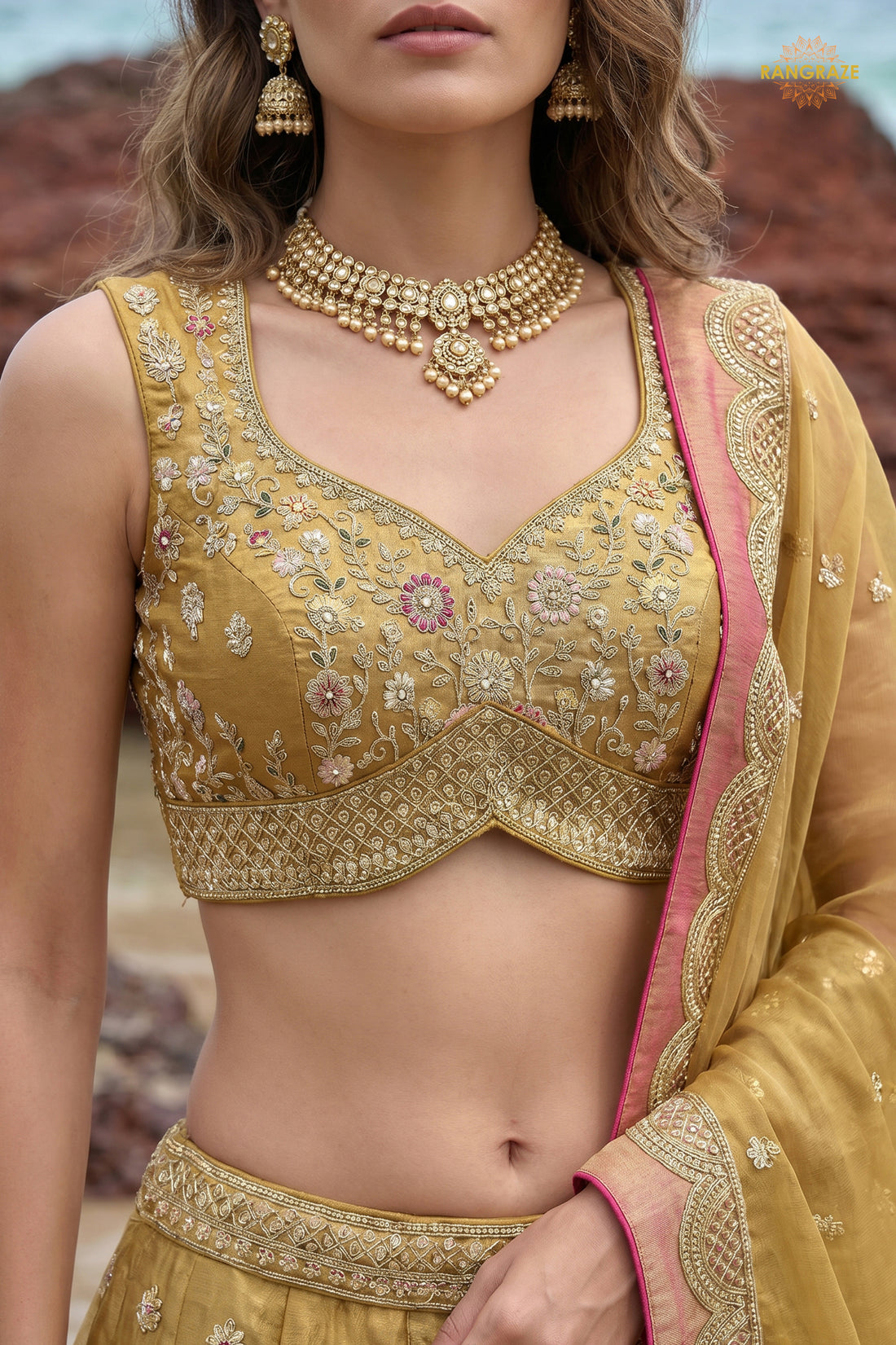 Golden Yellow Embroidered Semi-Stitched Tissue Lehenga Set