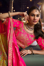 Pink And Yellow Banarasi Silk Lehenga WIth Hand Purse