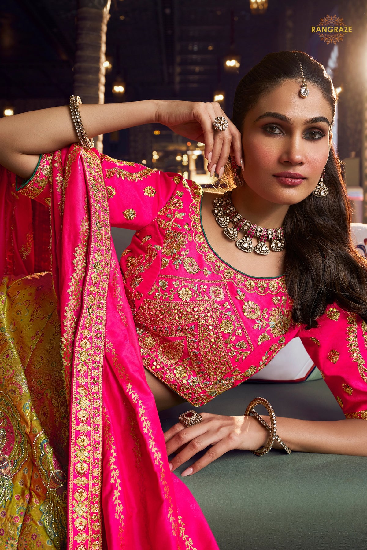 Pink And Yellow Banarasi Silk Lehenga WIth Hand Purse