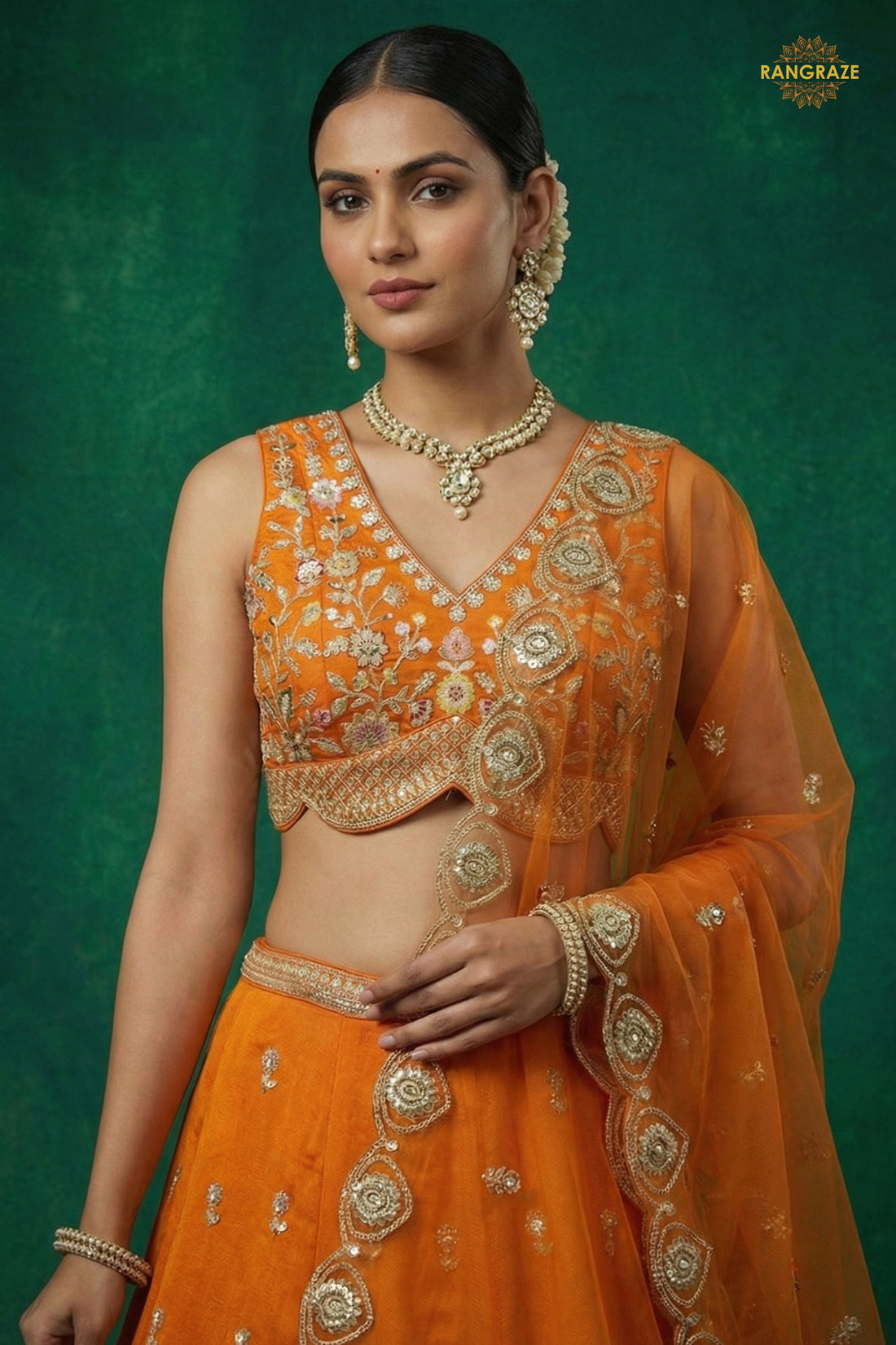 Orange Embroidered Semi-Stitched Chinnon Lehenga Set