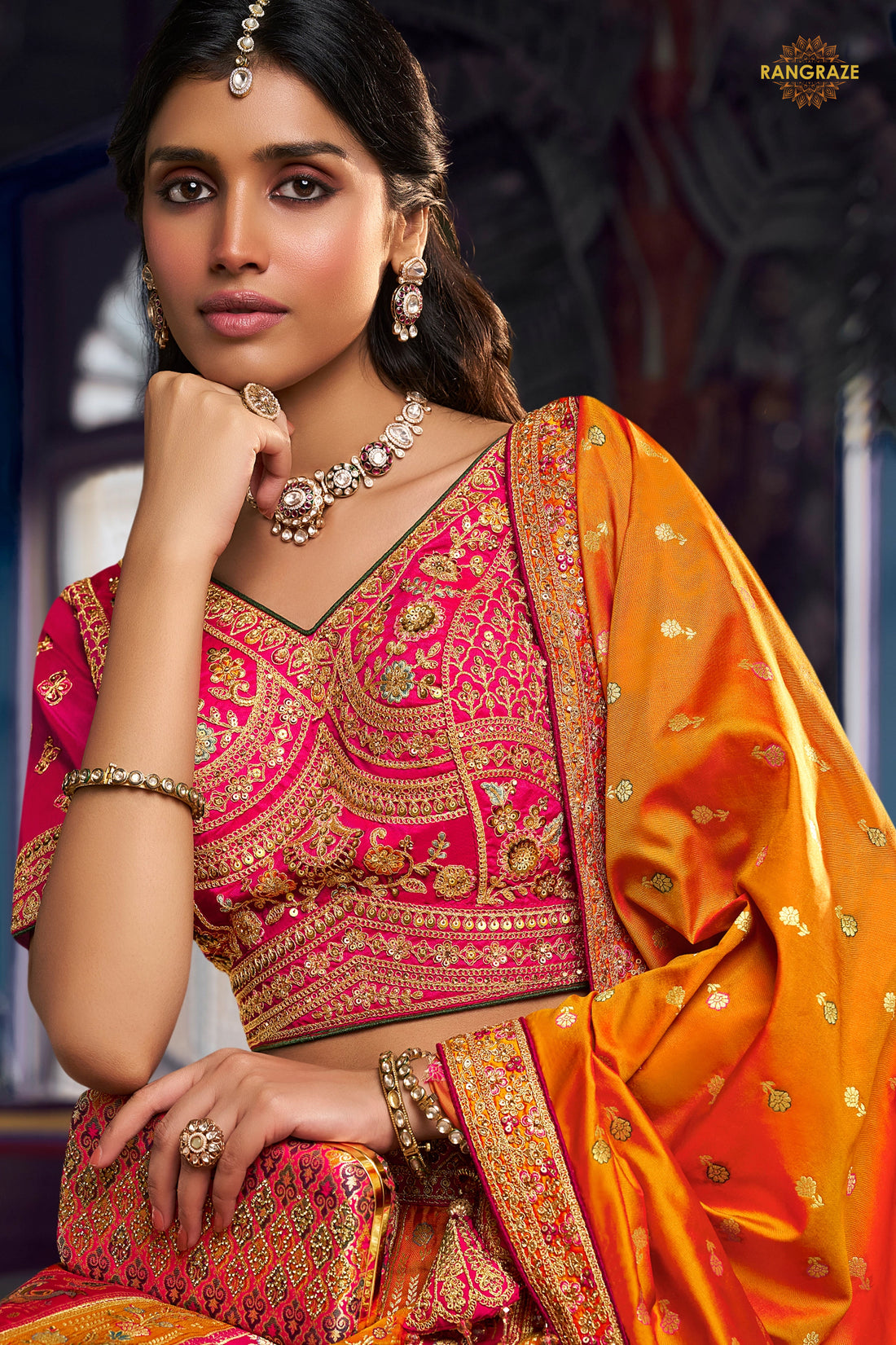 Pink And Green Banarasi Silk Lehenga WIth Hand Purse