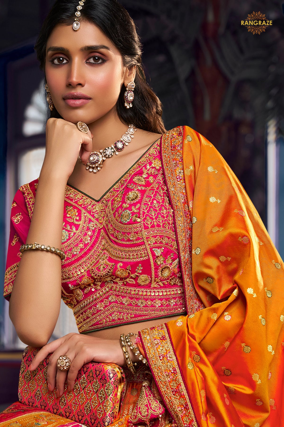 Pink And Green Banarasi Silk Lehenga WIth Hand Purse