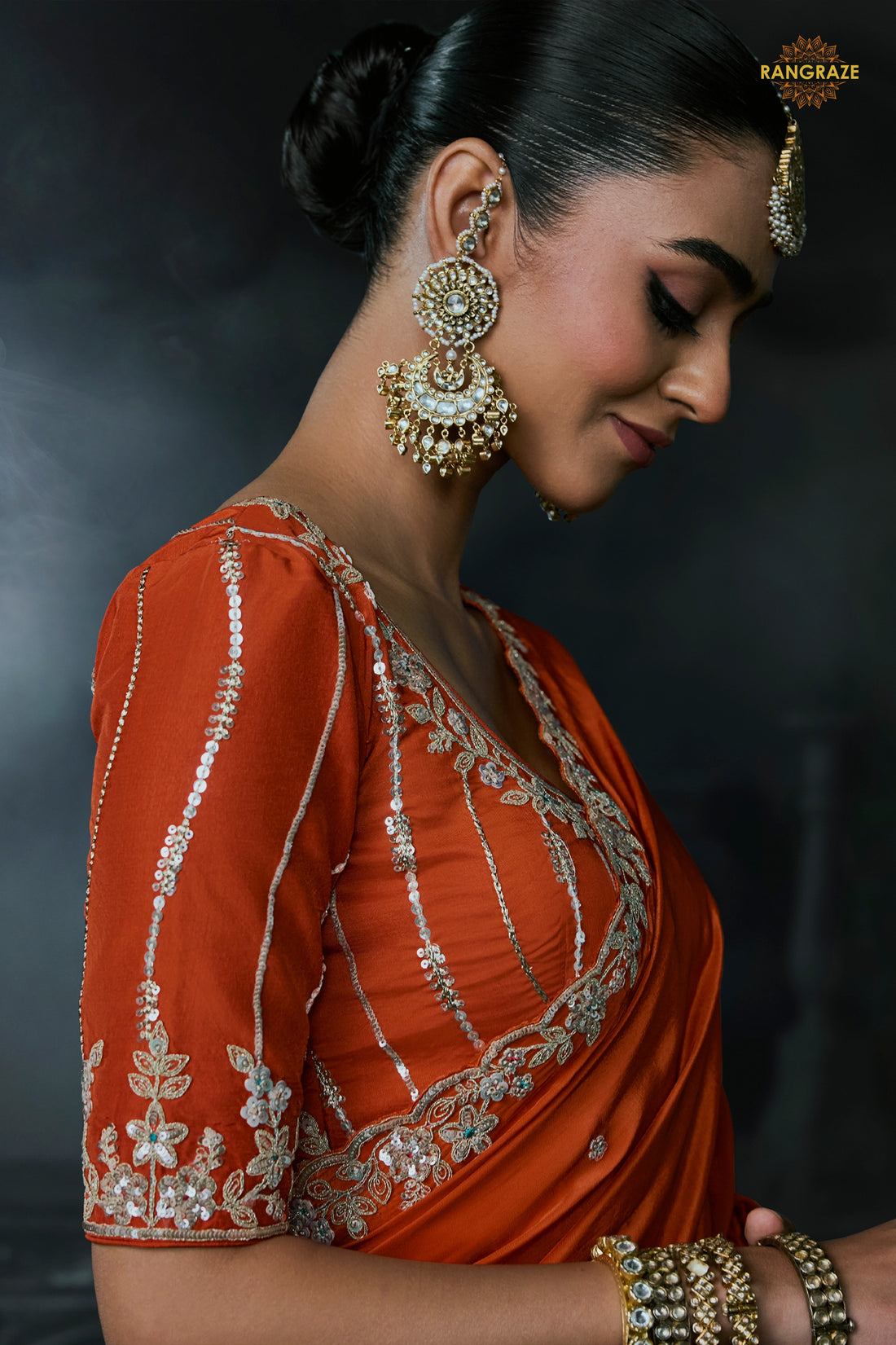 Rust Orange Embroidered Tissue Organza Saree
