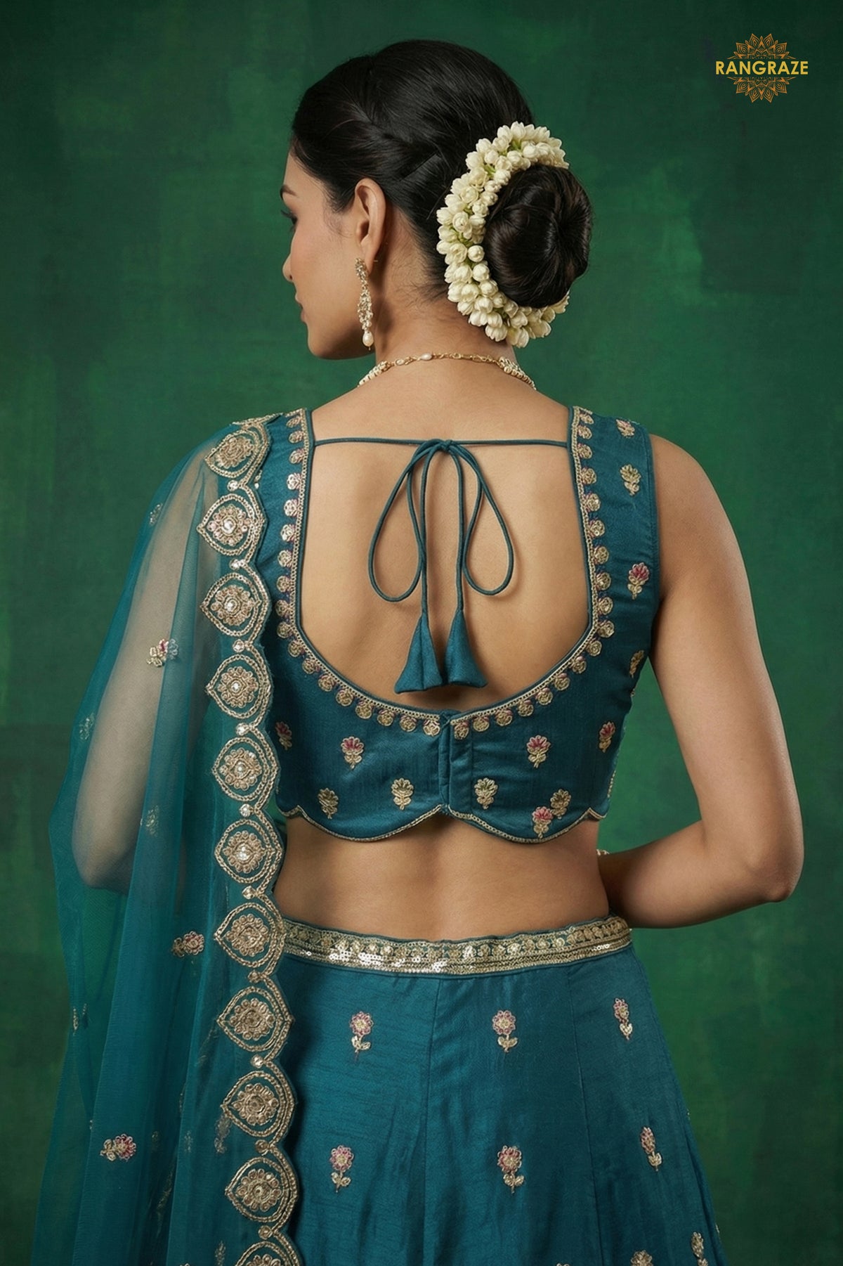 Teal Blue Embroidered Semi-Stitched Chinnon Lehenga Set