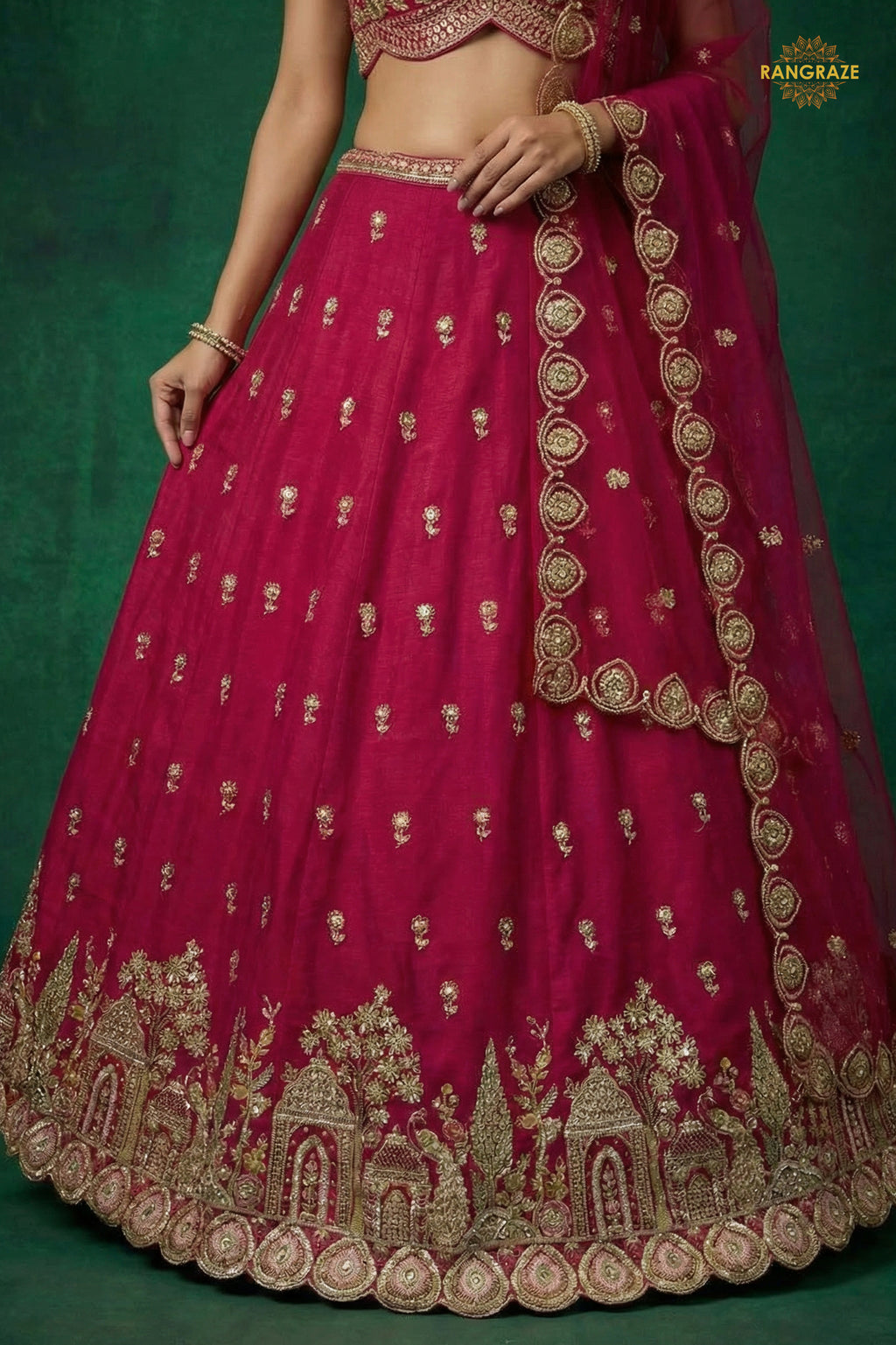Pink Embroidered Semi-Stitched Chinnon Lehenga Set