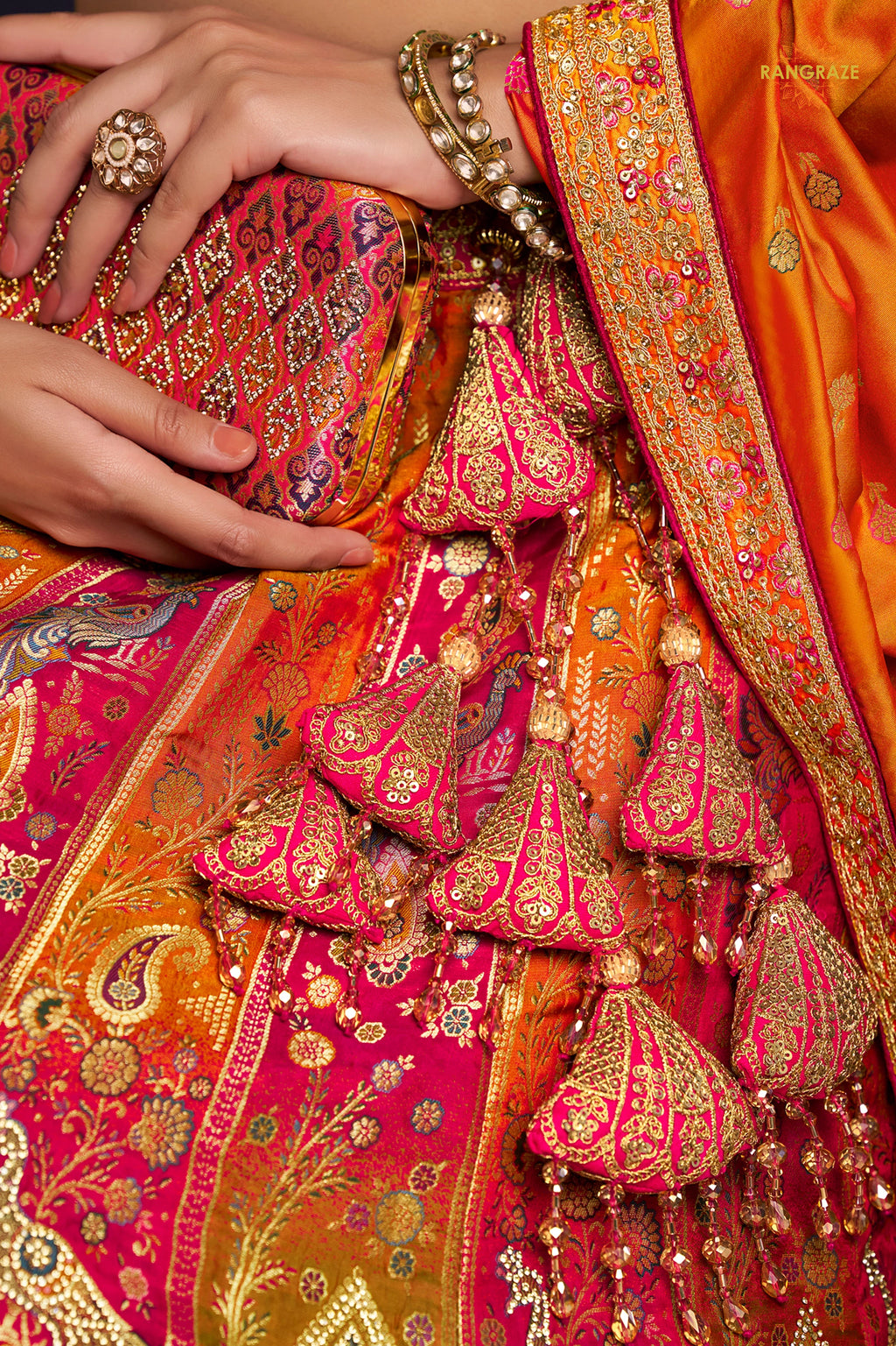 Pink And Green Banarasi Silk Lehenga WIth Hand Purse