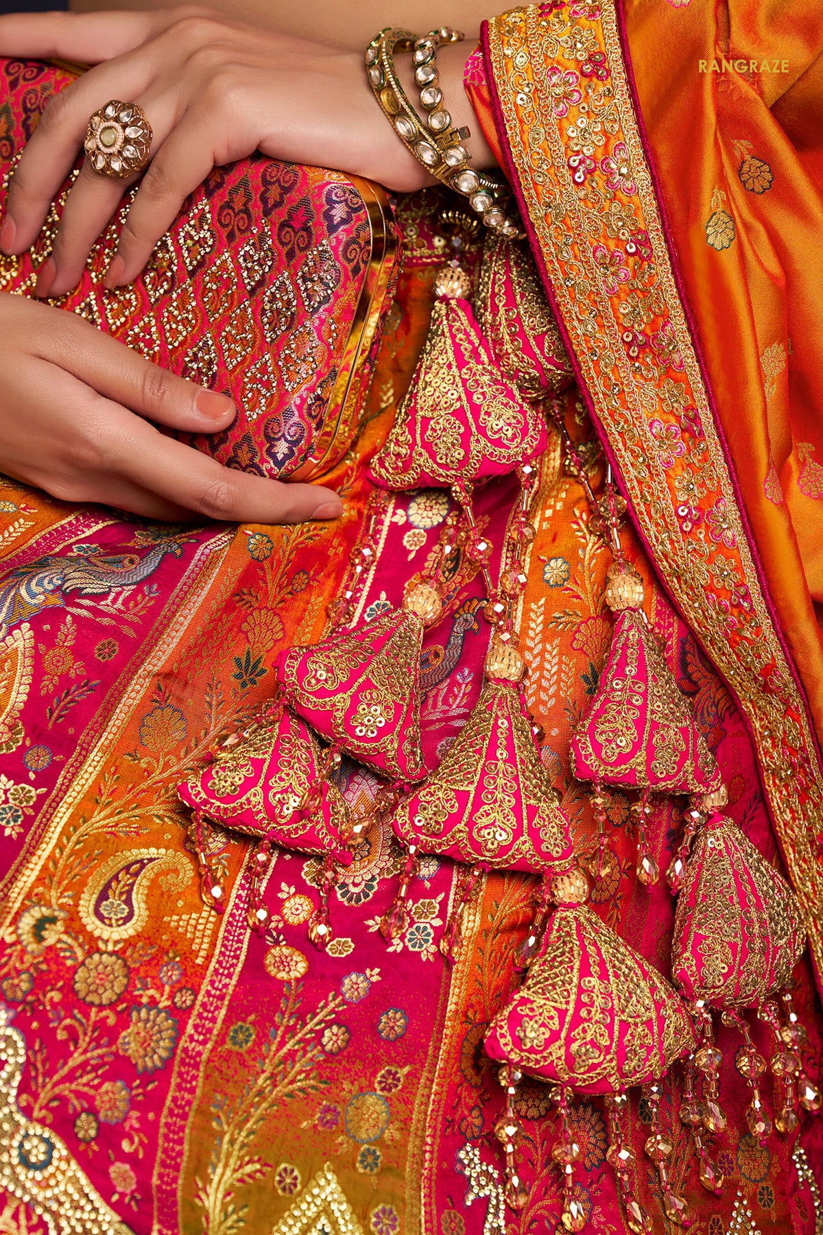 Pink And Green Banarasi Silk Lehenga WIth Hand Purse