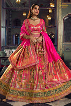Multicolor Banarasi Silk Lehenga WIth Hand Purse