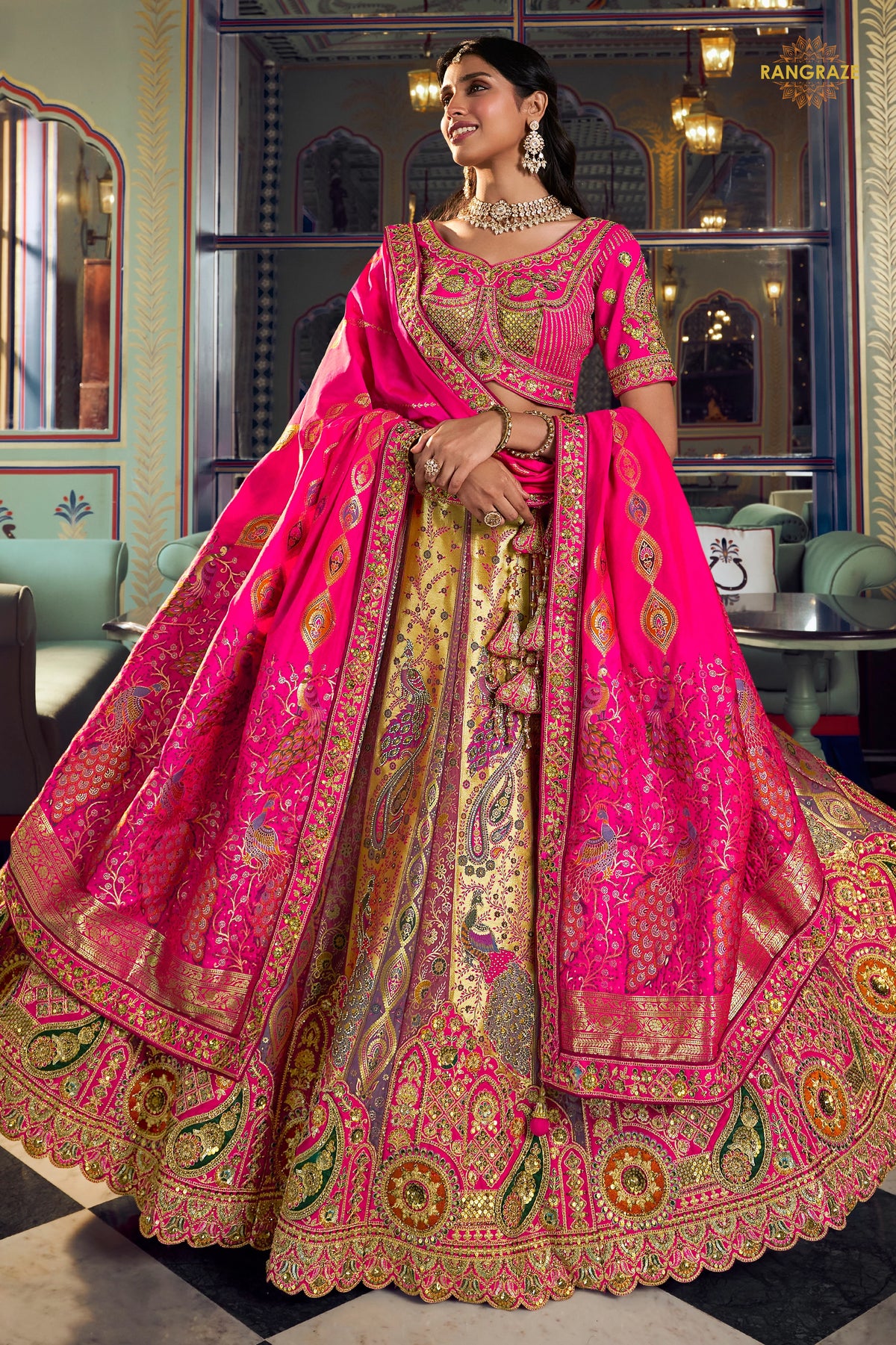 Multicolor Banarasi Silk Lehenga WIth Hand Purse