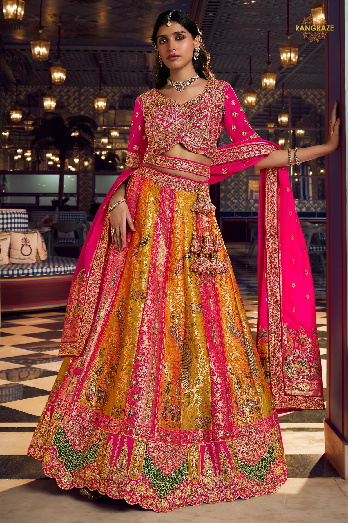 Pink And Yellow Banarasi Silk Lehenga WIth Hand Purse