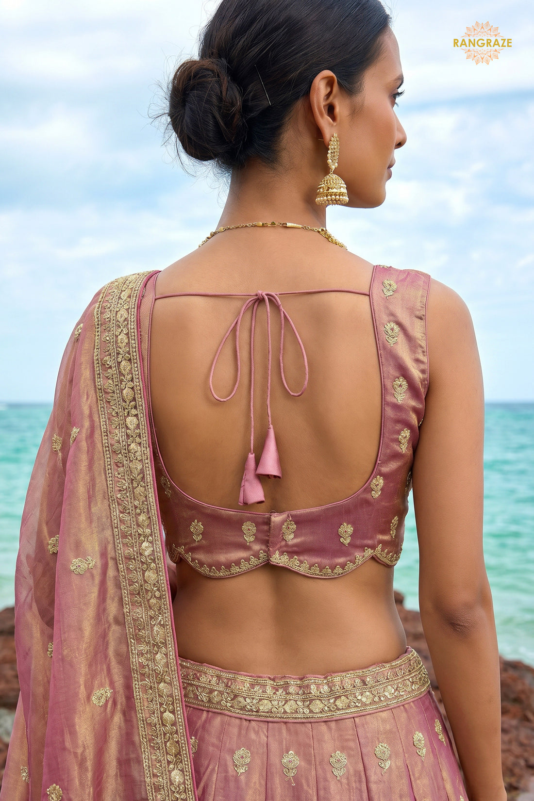 Dusty Pink Embroidered Semi-Stitched Tissue Lehenga Set