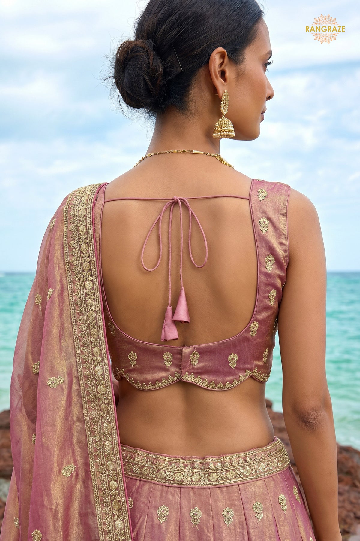 Dusty Pink Embroidered Semi-Stitched Tissue Lehenga Set
