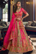 Multicolor Banarasi Silk Lehenga WIth Hand Purse