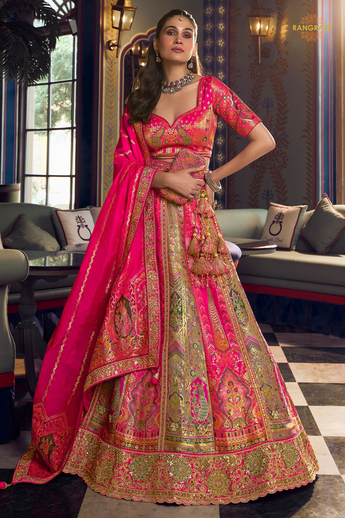 Multicolor Banarasi Silk Lehenga WIth Hand Purse