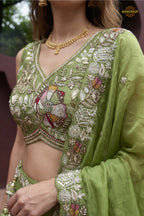 Olive Green Embroidered Semi-Stitched Tissue Lehenga Set