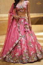 Fuchsia Pink Embroidered Semi-Stitched Tissue Lehenga Set