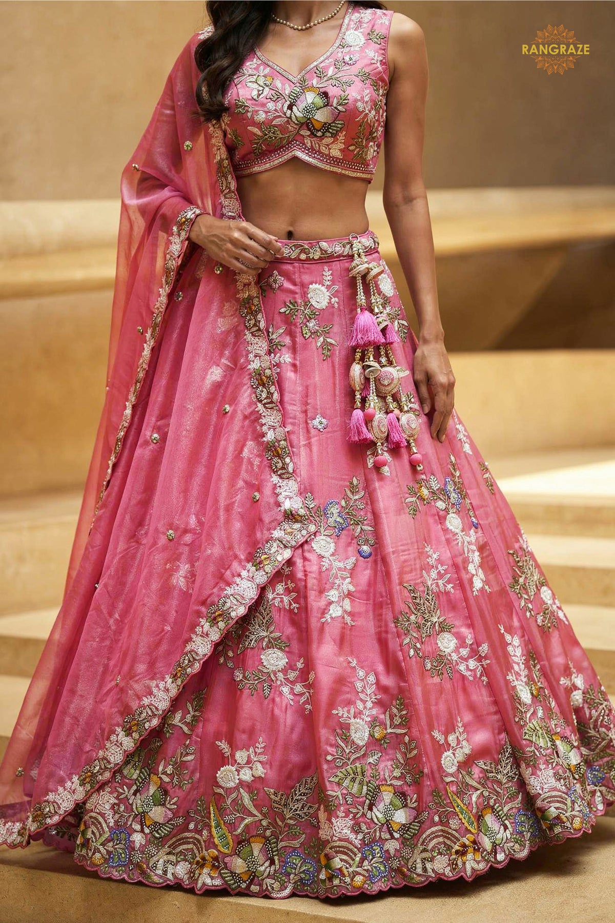 Fuchsia Pink Embroidered Semi-Stitched Tissue Lehenga Set