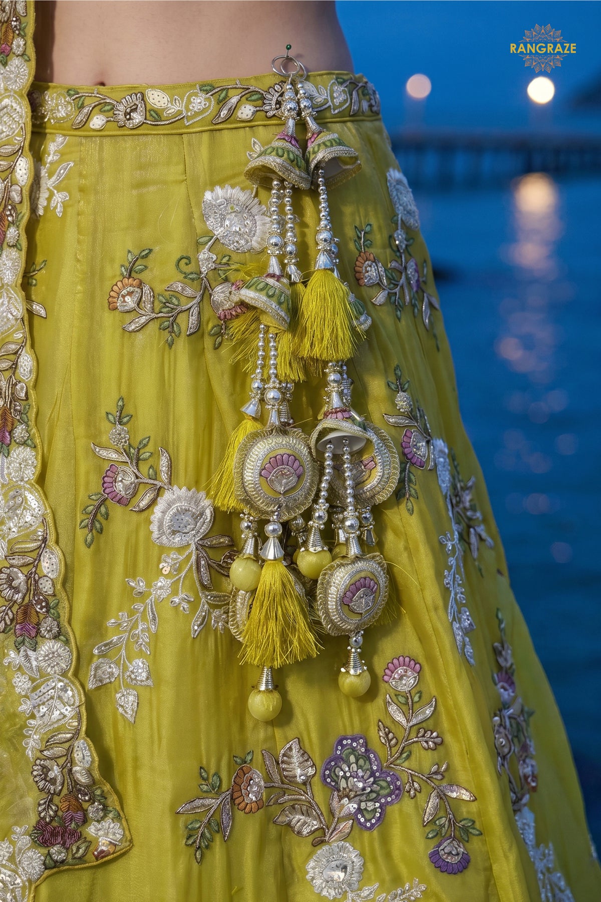 Lime Yellow Embroidered Semi-Stitched Tissue Lehenga Set