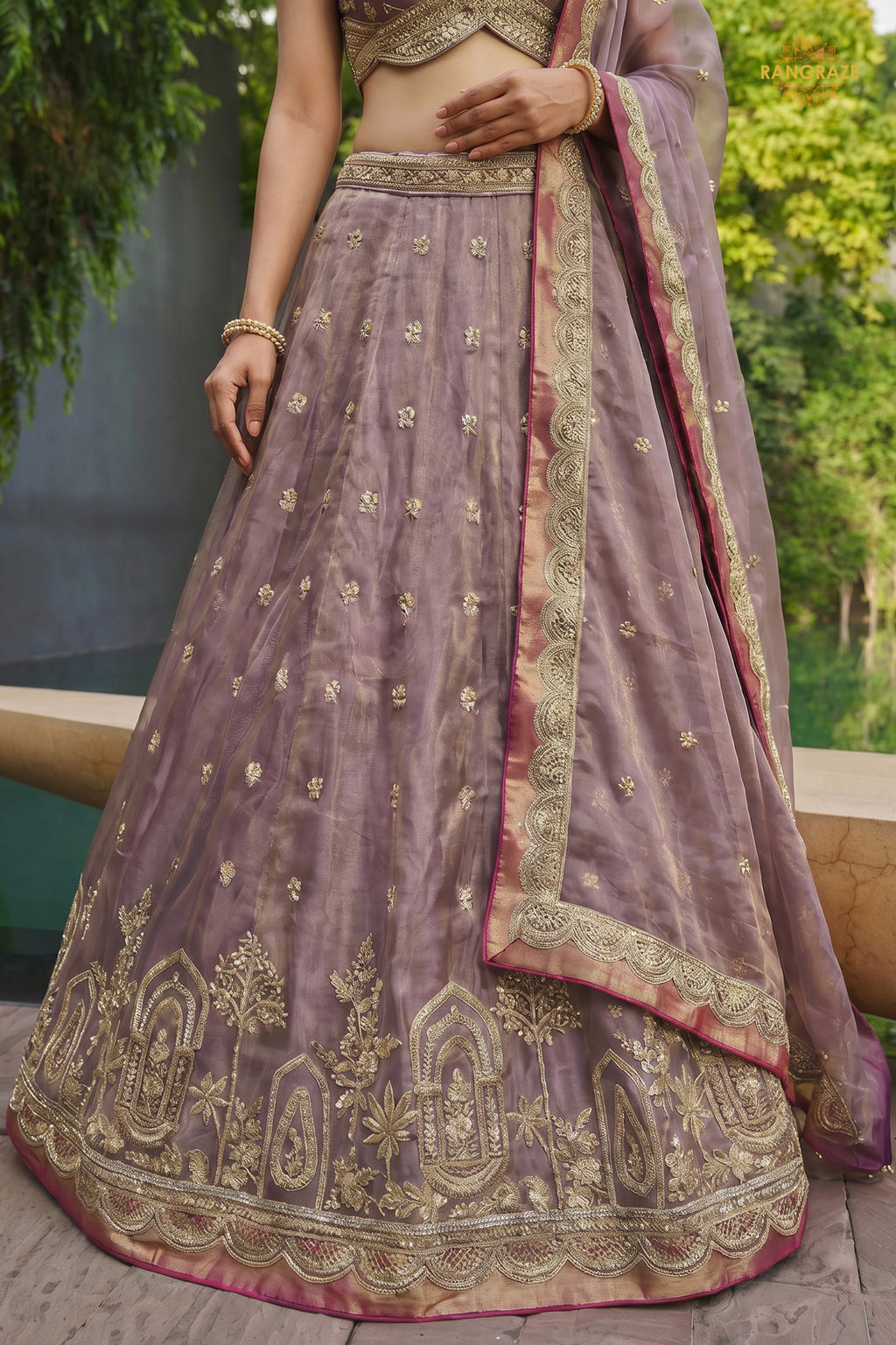 Mauve Embroidered Semi-Stitched Tissue Lehenga Set
