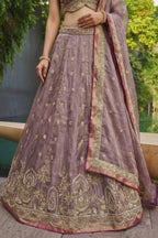 Mauve Embroidered Semi-Stitched Tissue Lehenga Set
