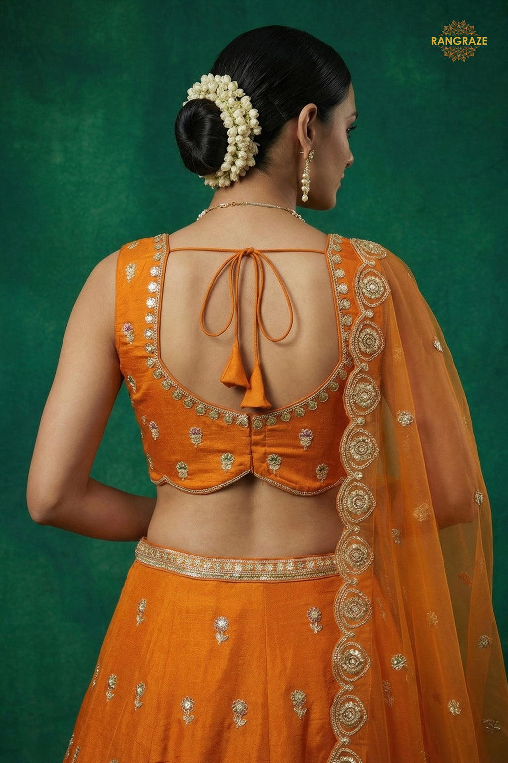 Orange Embroidered Semi-Stitched Chinnon Lehenga Set