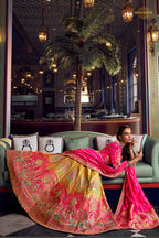Pink And Yellow Banarasi Silk Lehenga WIth Hand Purse