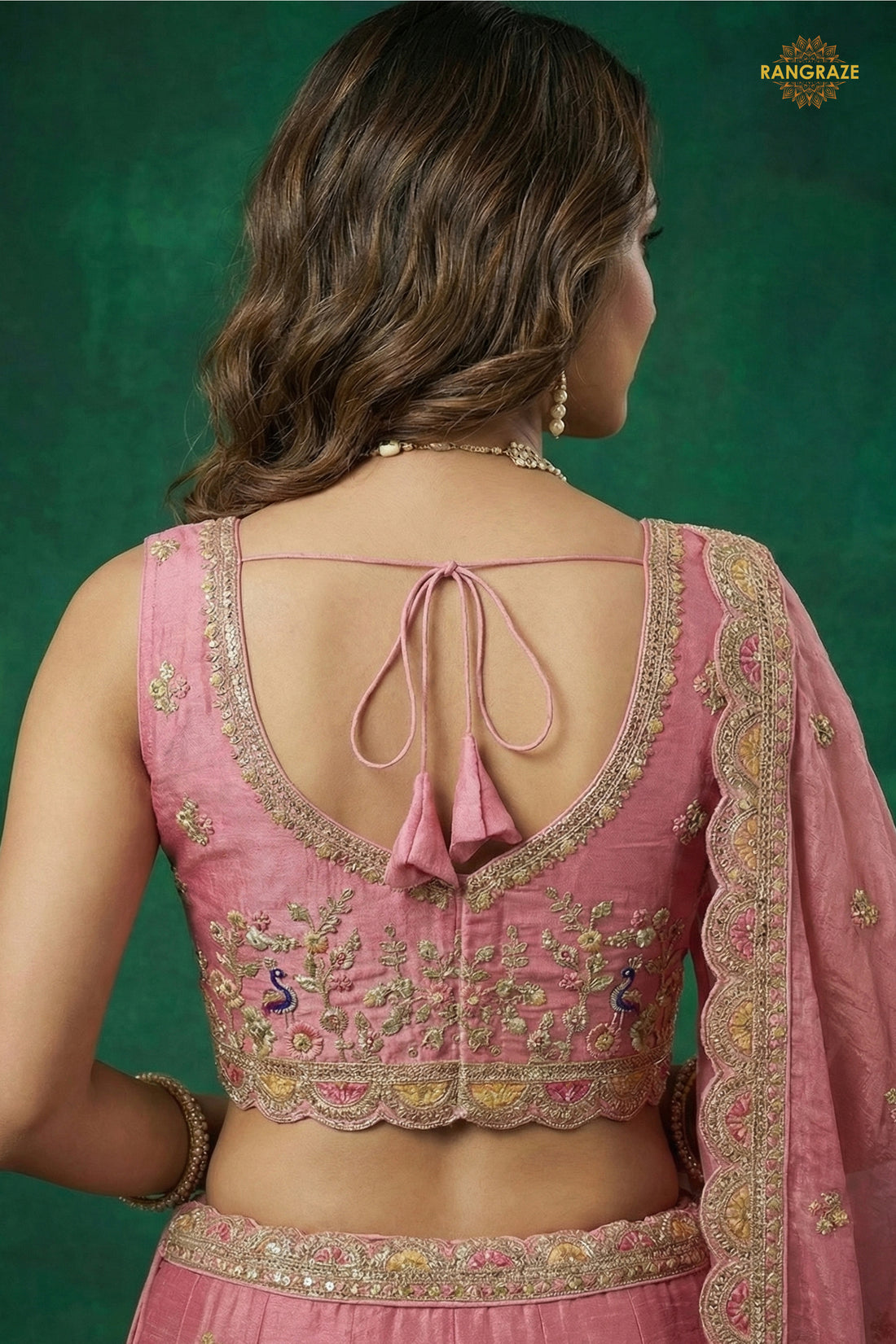 Blush Pink Embroidered Semi-Stitched Tissue Lehenga Set
