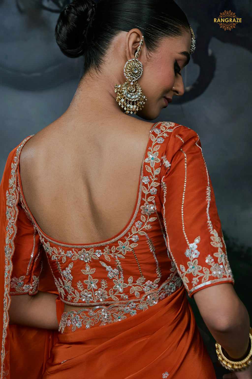 Rust Orange Embroidered Tissue Organza Saree