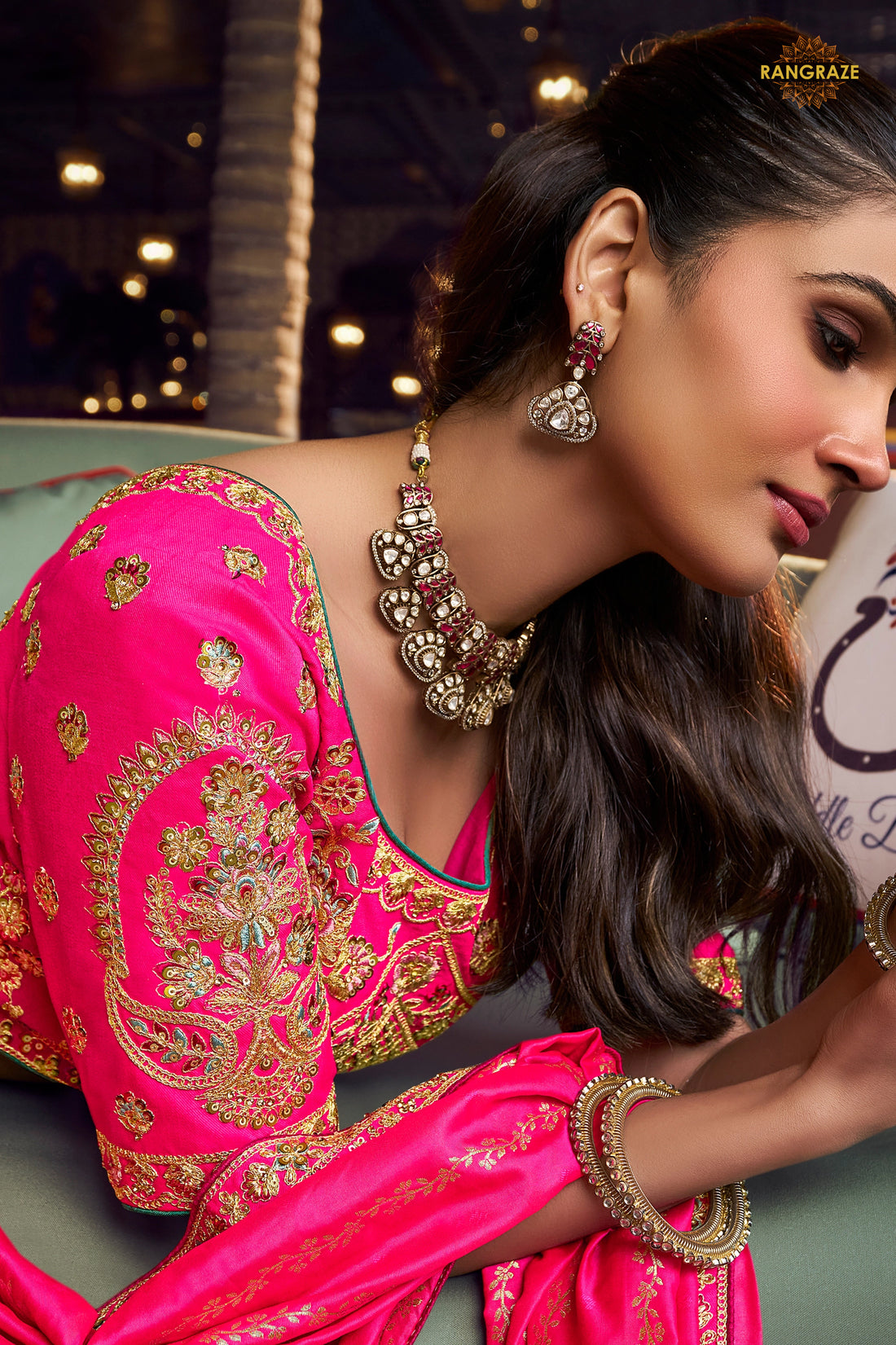 Pink And Yellow Banarasi Silk Lehenga WIth Hand Purse