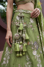 Olive Green Embroidered Semi-Stitched Tissue Lehenga Set