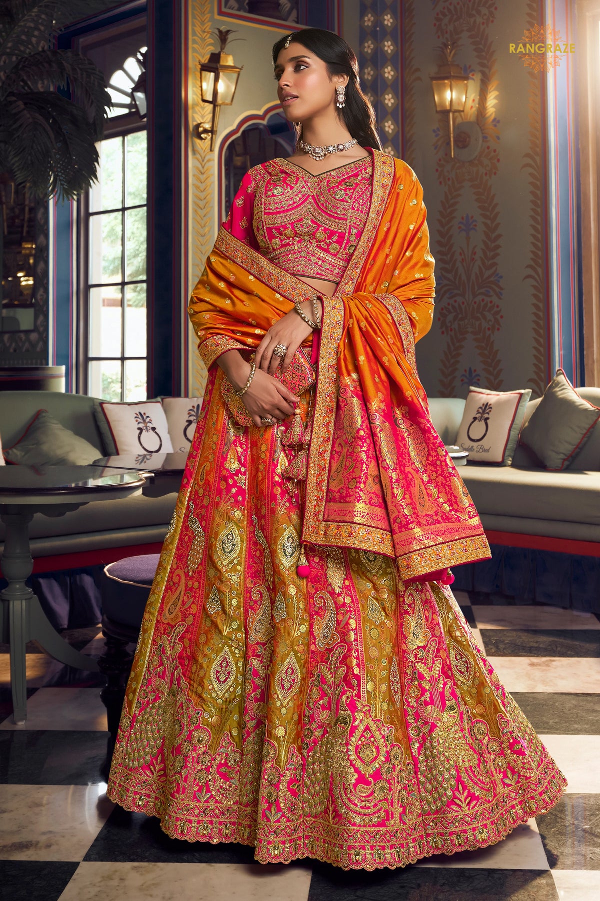 Pink And Green Banarasi Silk Lehenga WIth Hand Purse